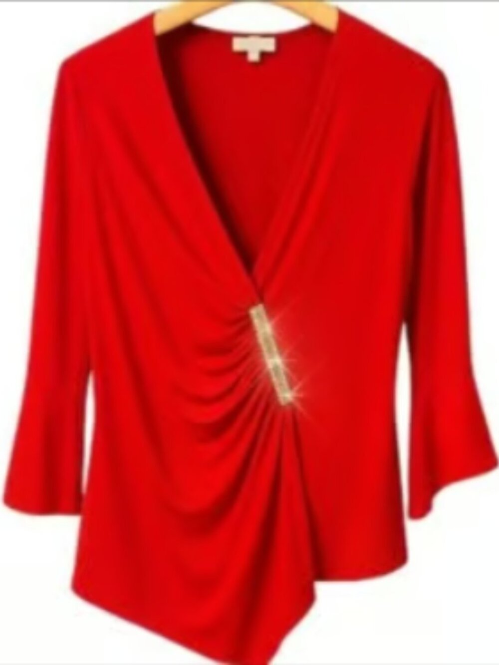 JM Collection Party Red Blouse Sparkly Rhinestone Top Ruched Special Occasion